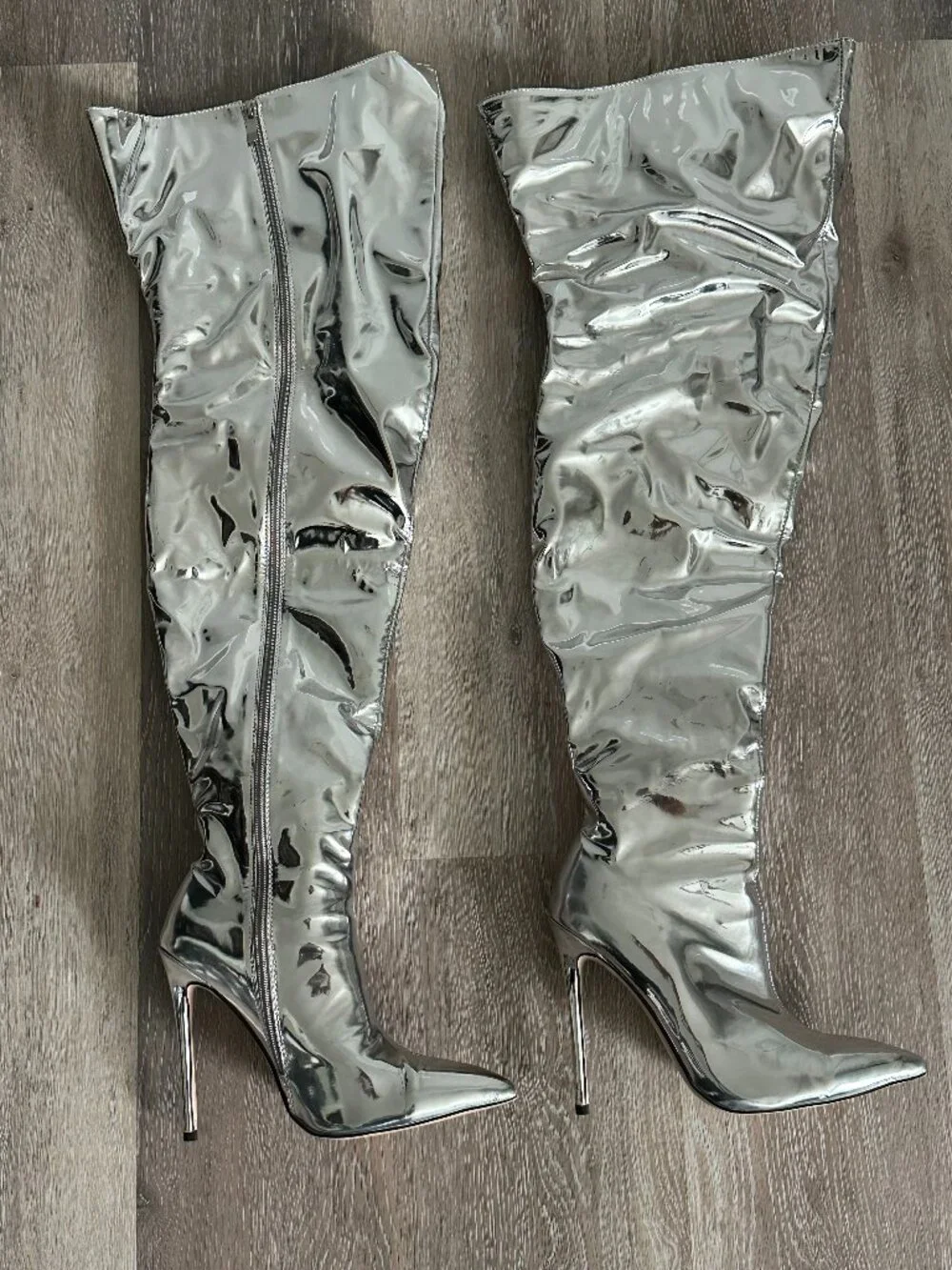 Metallic Thigh High Pointed Toe Stiletto Heel Boots with Side Zipper US Size 9